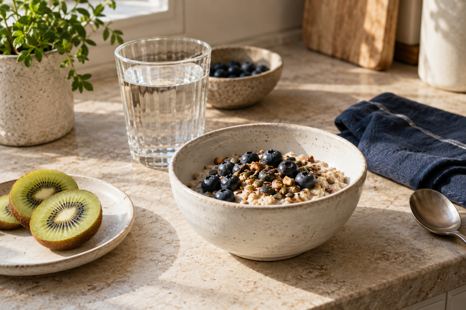 Oats, fruit and a glass of water in a sunlit kitchen