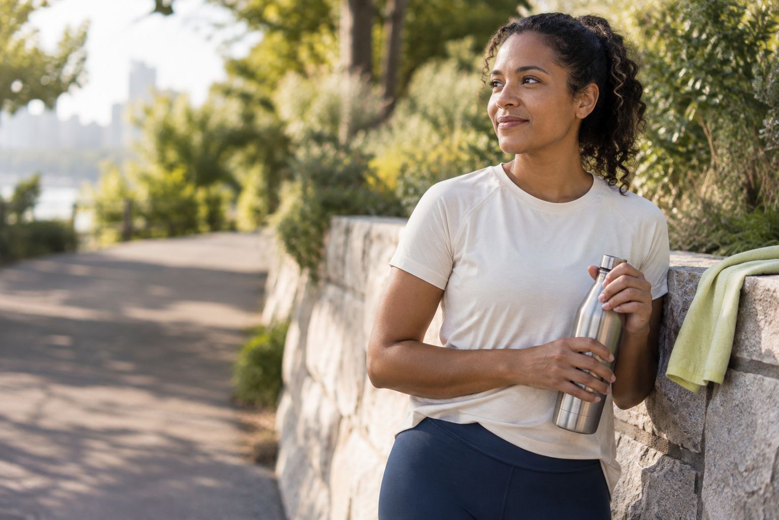Woman pausing with a water bottle beside a sunlit walking trail