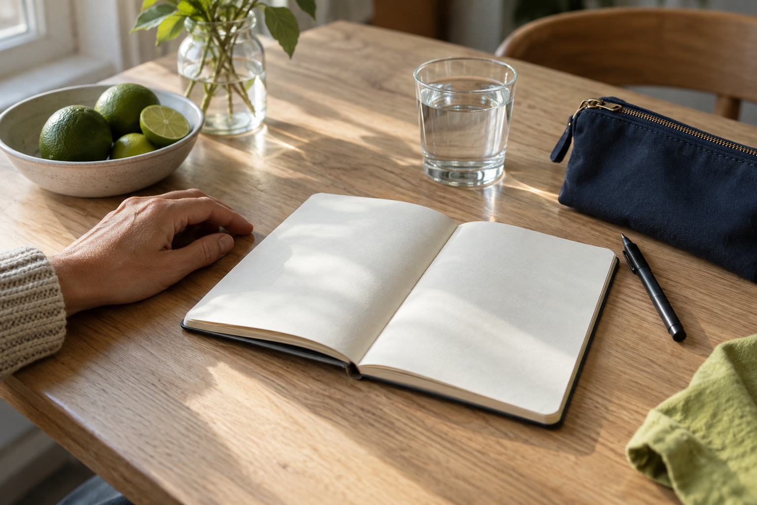 A notebook, pen and water glass on a table
